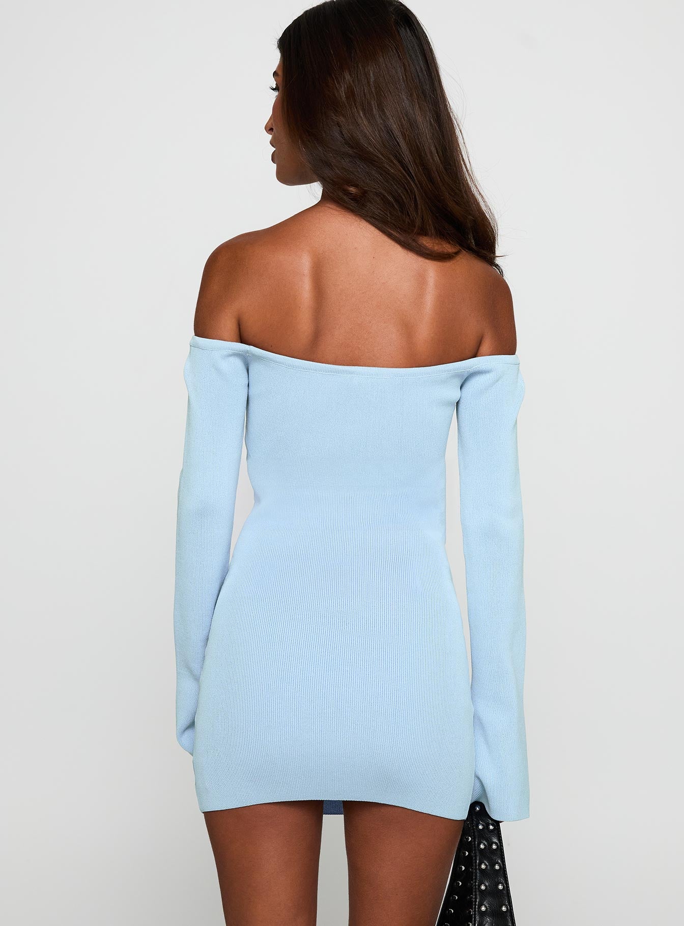 back view of model wearing Princess Polly Parisa Long Sleeve Mini Dress Blue Straight Neck 