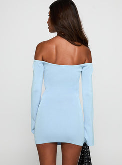 back view of model wearing Princess Polly Parisa Long Sleeve Mini Dress Blue Straight Neck 