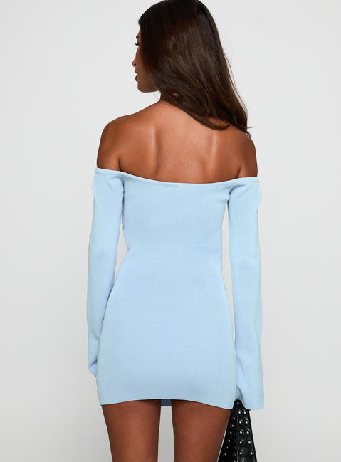 back view of model wearing Princess Polly Parisa Long Sleeve Mini Dress Blue Straight Neck 