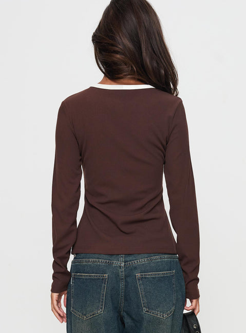 back view of model wearing Princess Polly Phaidra Button Up Long Sleeve Top Brown Full Sleeves Scoop Neck 