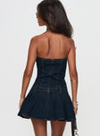 back view of model wearing Princess Polly In Bloom Mini Dress Indigo Straight Neck 