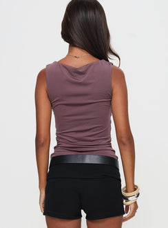 back view of model wearing Princess Polly Solani Top Purple Sleeveless Boat Neck 