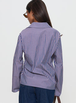back view of model wearing Princess Polly Trillian Long Sleeve Top Navy Stripe Full Sleeves V-Neck 