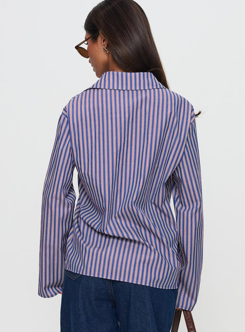 back view of model wearing Princess Polly Trillian Long Sleeve Top Navy Stripe Full Sleeves V-Neck 