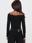 back view of model wearing Princess Polly Scarva Off Shoulder Lace Trim Long Sleeve Top Black Full Sleeves straight 