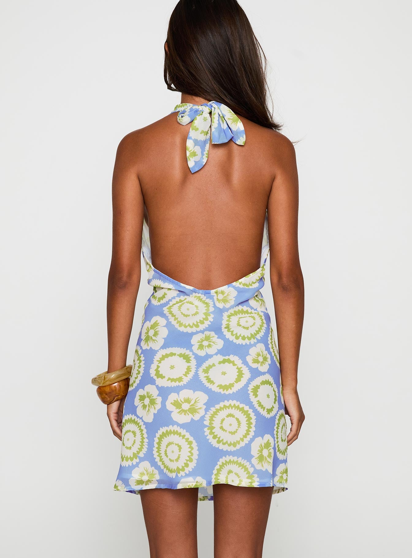 back view of model wearing Princess Polly Neelia Mini Dress Blue / Yellow Plunger 