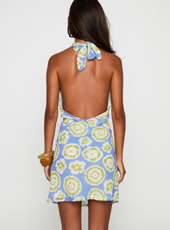 back view of model wearing Princess Polly Neelia Mini Dress Blue / Yellow Plunger 