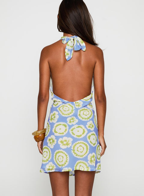 back view of model wearing Princess Polly Neelia Mini Dress Blue / Yellow Plunger 