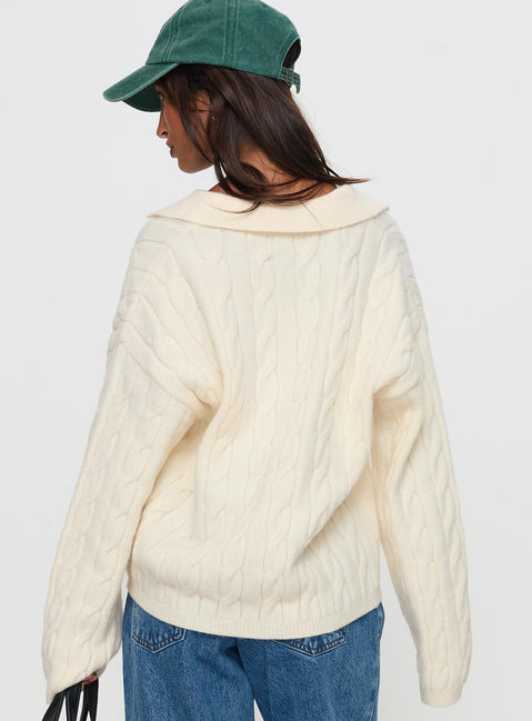 back view of model wearing Princess Polly Brodey Collared Cable Knit Sweater Cream Long 