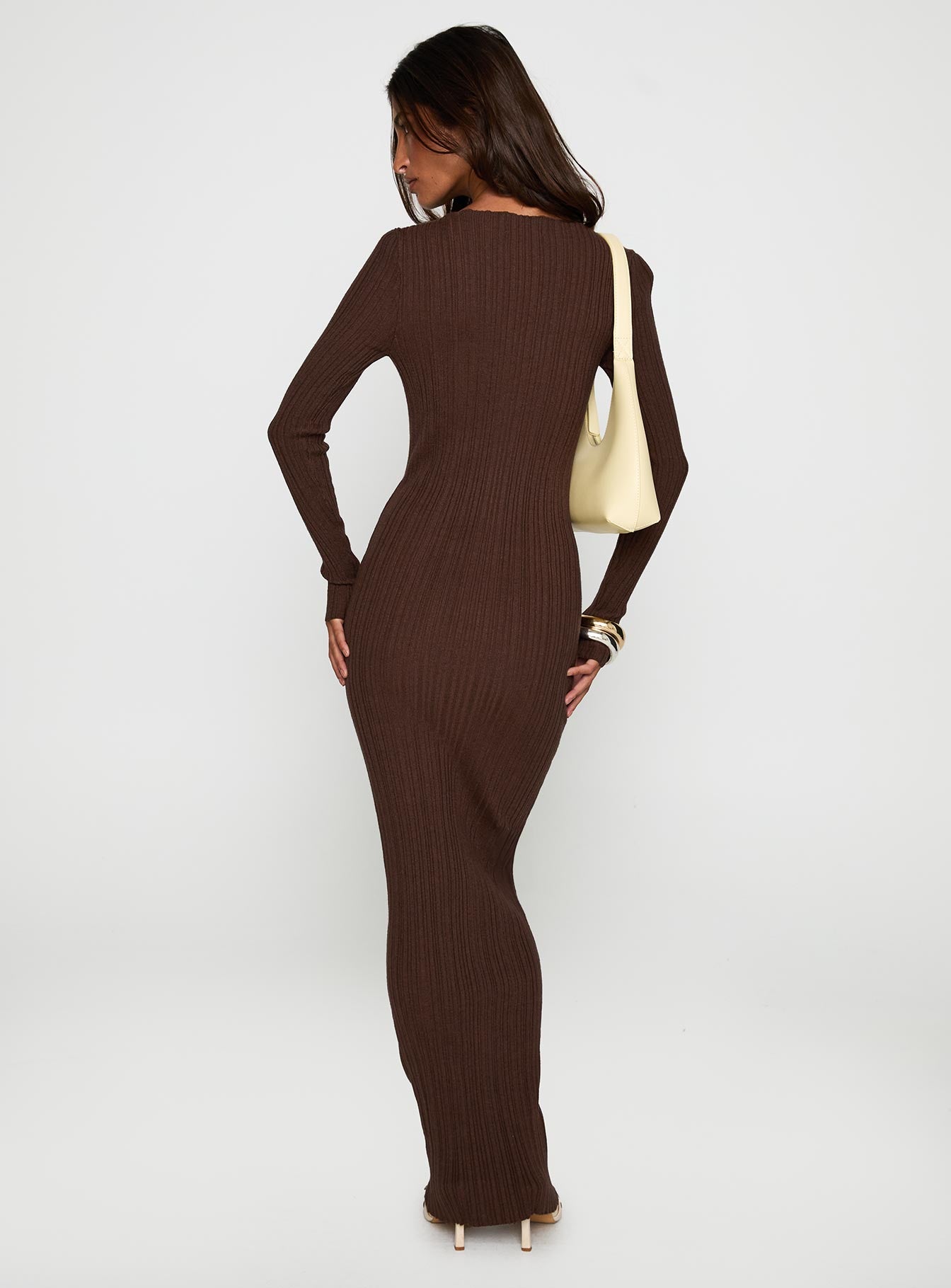 back view of model wearing Princess Polly Gyselle Long Sleeve Maxi Dress Brown Boat Neck 