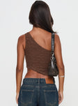 back view of model wearing Princess Polly Toomba One Shoulder Top Brown Sleeveless Asymmetric Neckline 