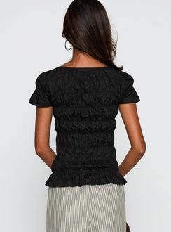 back view of model wearing Princess Polly Spoiler Alert Ruched Top Black Short Sleeves Scoop Neck 