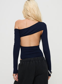 back view of model wearing Princess Polly Caylum One Shoulder Bodysuit Navy Long Sleeve Tops 