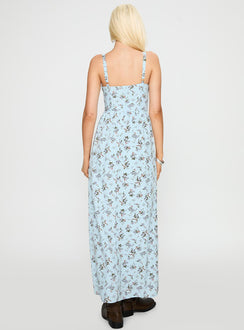back view of model wearing Princess Polly Izebella Maxi Dress Blue Floral Sweetheart Neckline 