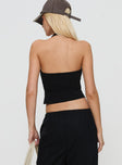 back view of model wearing Princess Polly Glint Asymmetrical Top Black Sleeveless Asymmetric Neckline 