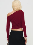 back view of model wearing Princess Polly Malian Long Sleeve Top Burgundy Full Sleeves Asymmetric Neckline 