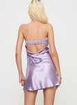 back view of model wearing Princess Polly Phillipa Mini Dress Lilac Straight Neck 