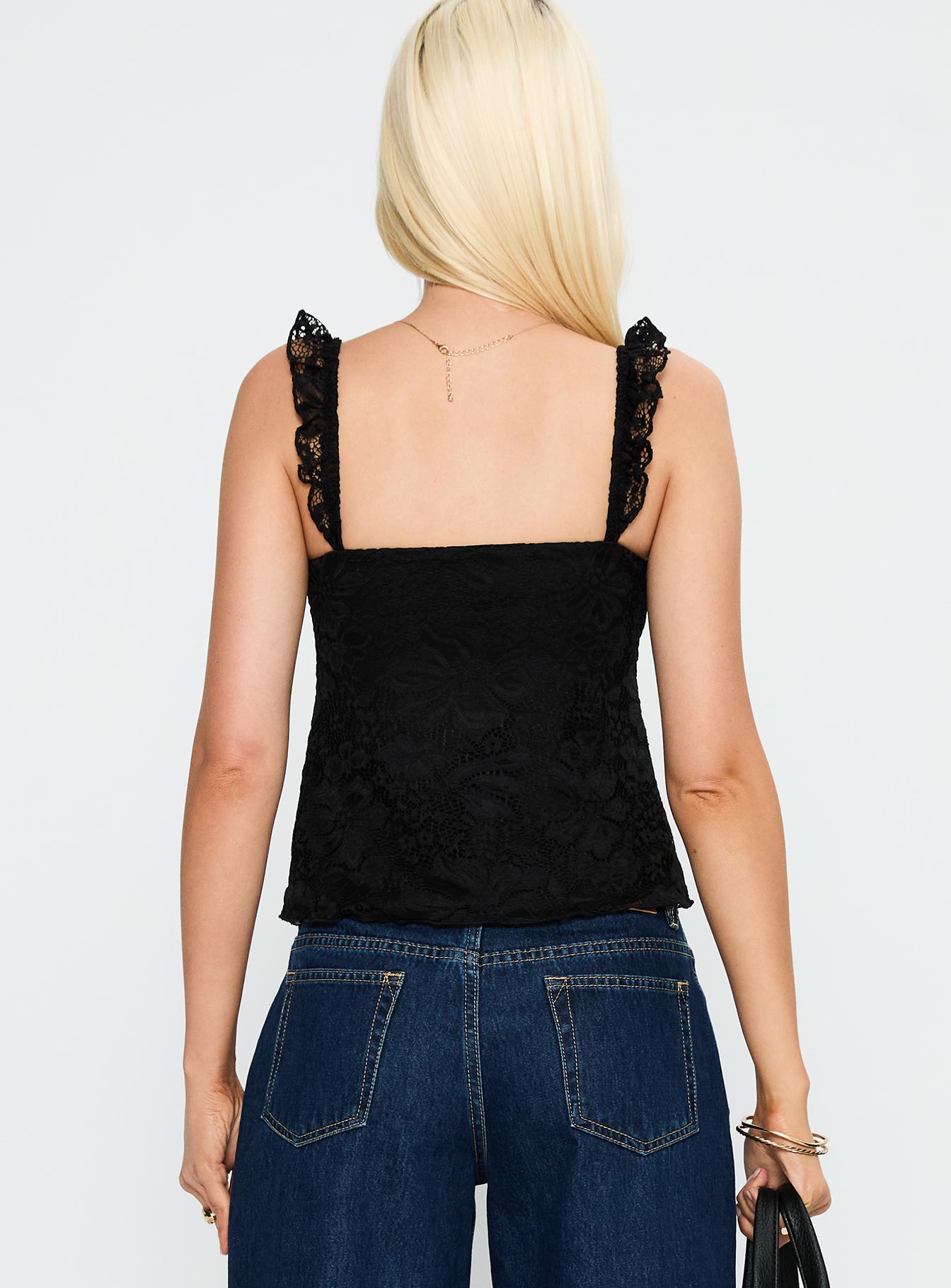 back view of model wearing Princess Polly Madaleine Lace Top Black Sleeveless Scoop Neck 