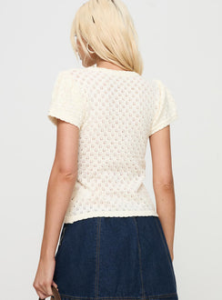 back view of model wearing Princess Polly Mari Knit Top Cream Short Sleeves Crew Neck 