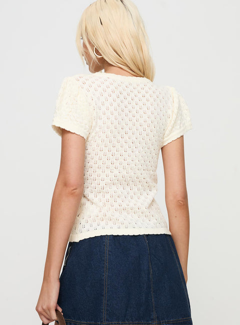 back view of model wearing Princess Polly Mari Knit Top Cream Short Sleeves Crew Neck 