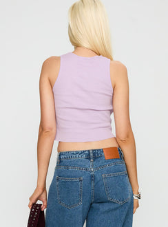 back view of model wearing Princess Polly Kiss Of Love Graphic Top Purple Sleeveless Crew Neck 