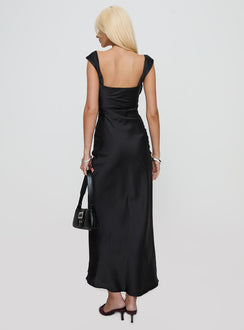 back view of model wearing Princess Polly Azura Off The Shoulder Maxi Dress Black Square Neck 