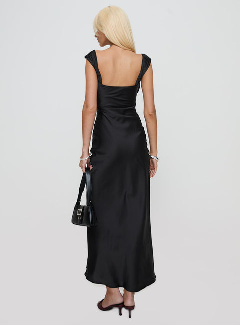 back view of model wearing Princess Polly Azura Off The Shoulder Maxi Dress Black Square Neck 