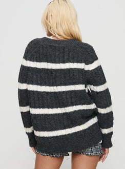back view of model wearing Princess Polly Percivill Knit Sweater Grey / Cream Long 