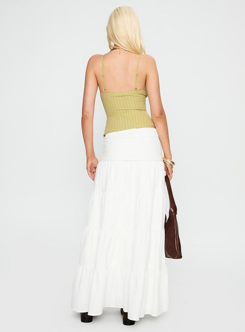 back view of model wearing Princess Polly Snowy River Tiered Maxi Skirt White Maxi 