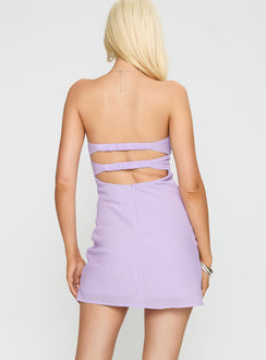 back view of model wearing Princess Polly Ilana Strapless Mini Dress Lilac Sweetheart Neckline 