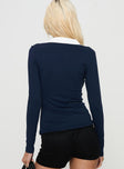 back view of model wearing Princess Polly Challenger Long Sleeve Top Navy Full Sleeves V-Neck 