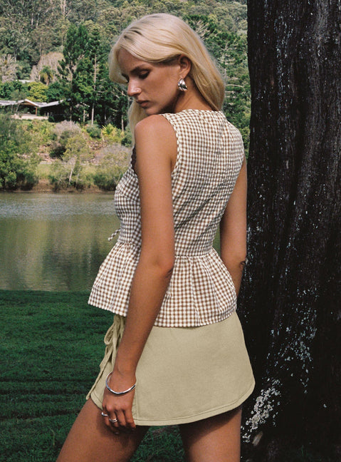 back view of model wearing Princess Polly Rosellah Tie Up Top Brown Check Sleeveless Crew Neck 