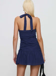 back view of model wearing Princess Polly Beauty Queen Mini Dress Navy 