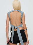 back view of model wearing Princess Polly Countryside Top Classic Denim Sleeveless Crew Neck 