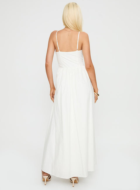 back view of model wearing Princess Polly Ceremonious Maxi Dress White Sweetheart Neckline 