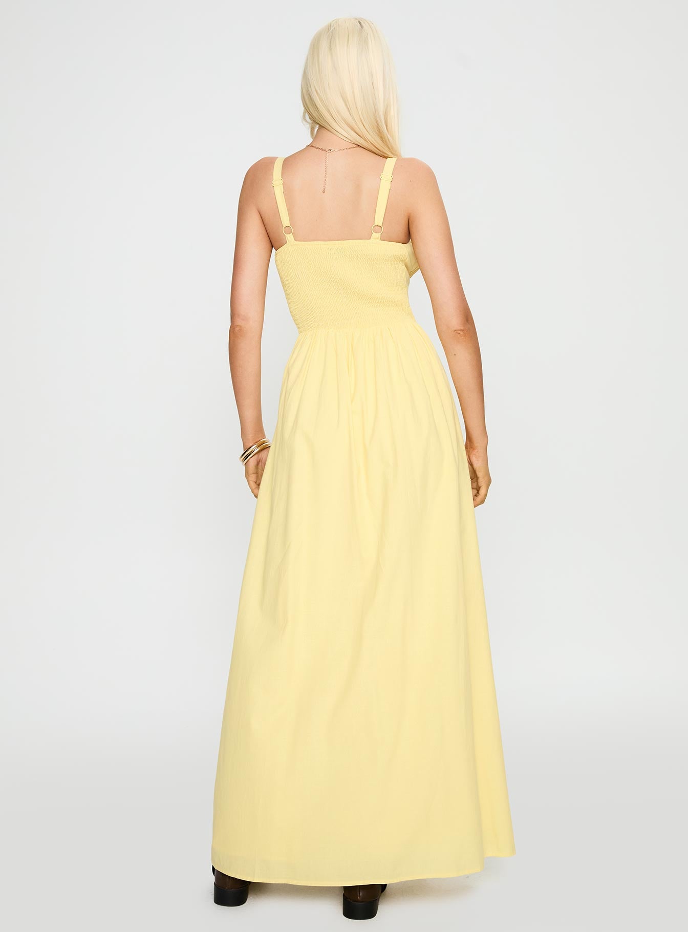 back view of model wearing Princess Polly Leticia Maxi Dress Lemon Sweetheart Neckline 