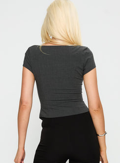 back view of model wearing Princess Polly Memory Bliss Asymmetrical Top Grey Short Sleeves Square Neck 