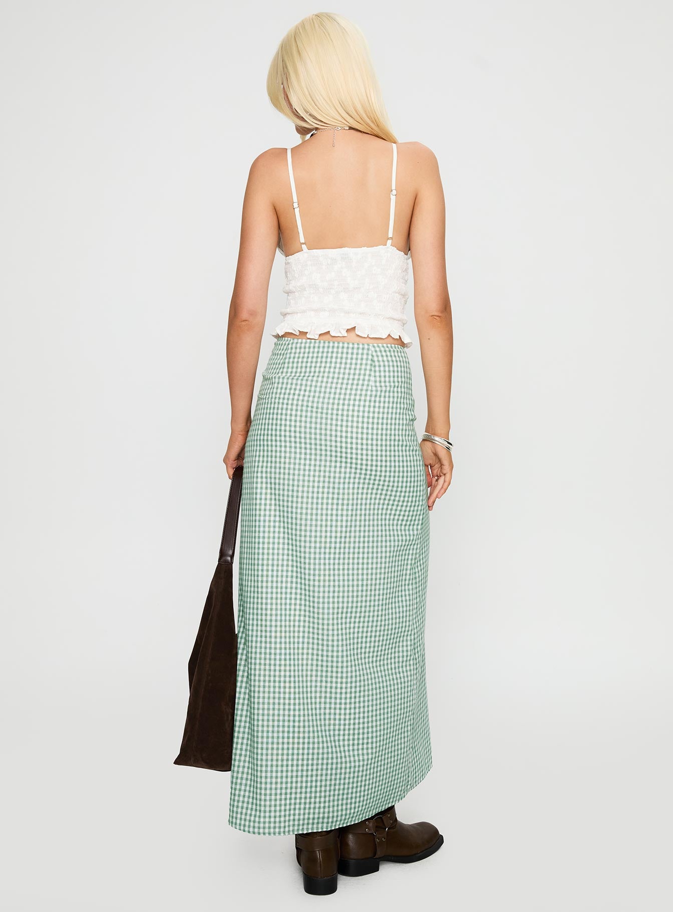 back view of model wearing Princess Polly Macadamia Maxi Skirt Green / White Maxi 