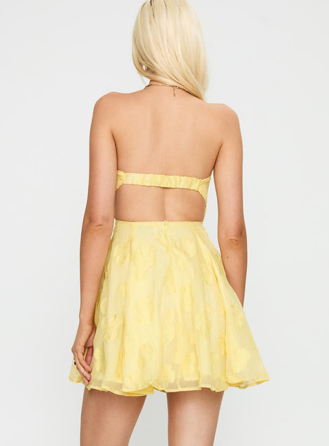 back view of model wearing Princess Polly Loulani Strapless Mini Dress Lemon Sweetheart Neckline 
