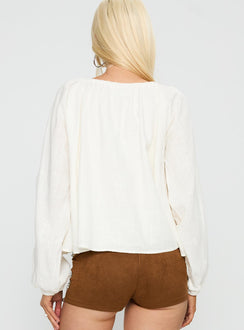 back view of model wearing Princess Polly Somebody Else Tie Up Top White Full Sleeves Crew Neck 