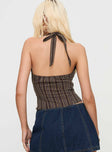 back view of model wearing Princess Polly Delfine Top Brown Stripe Sleeveless V-Neck 