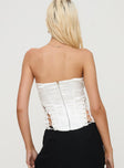 back view of model wearing Princess Polly Mochi Corset Top White Sleeveless Sweetheart 