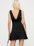 back view of model wearing Princess Polly Old Money Mini Dress Black Cowl Neck 