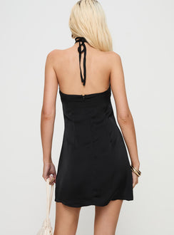 back view of model wearing Princess Polly Aeson Lace Detail Mini Dress Black Asymmetric Neckline 
