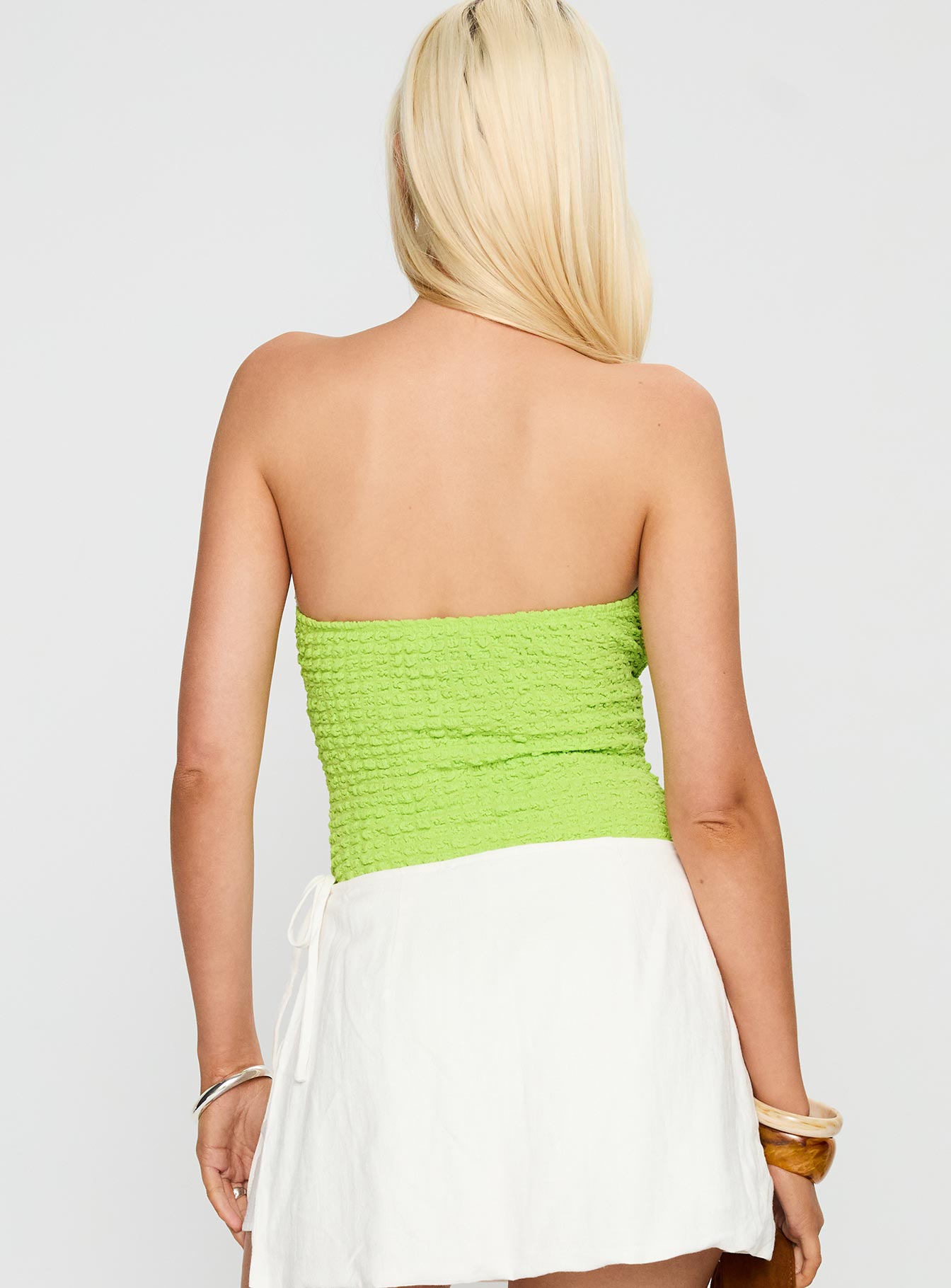 back view of model wearing Princess Polly Private Party Strapless Bodysuit Green Sleeveless 