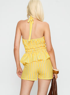 back view of model wearing Princess Polly Delicacy Tie Detail Top Yellow Stripe Sleeveless Plunger 