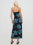 back view of model wearing Princess Polly Celik Maxi Dress Black / Blue Floral Straight Neck 