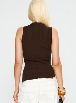 back view of model wearing Princess Polly Cash Out Twist Detail Top Chocolate Sleeveless High Neck 