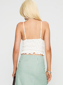 back view of model wearing Princess Polly Clued In Frill Detail Top White Sleeveless Plunger 
