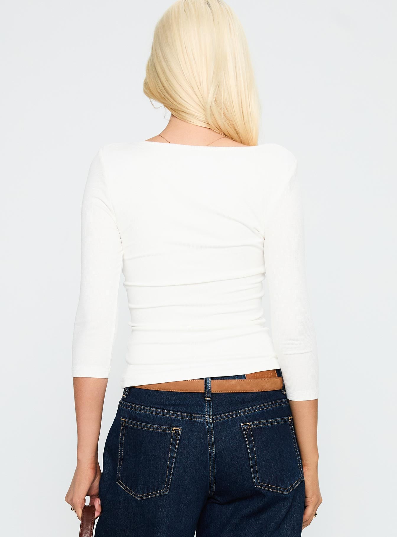 back view of model wearing Princess Polly Desirae 3/4 Sleeve Top White Three Fourth Sleeves Scoop Neck 